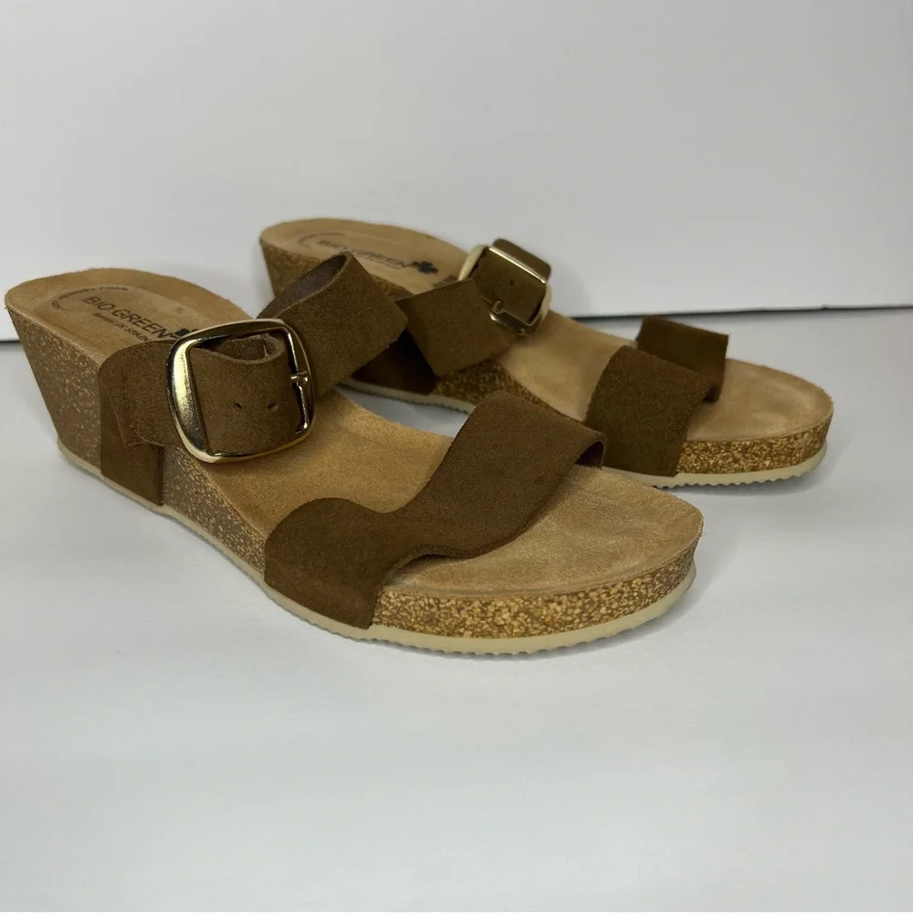 Bio‎ Green Cork Wedge Brown Leather Double Strap Made in Spain women's 40 8.5